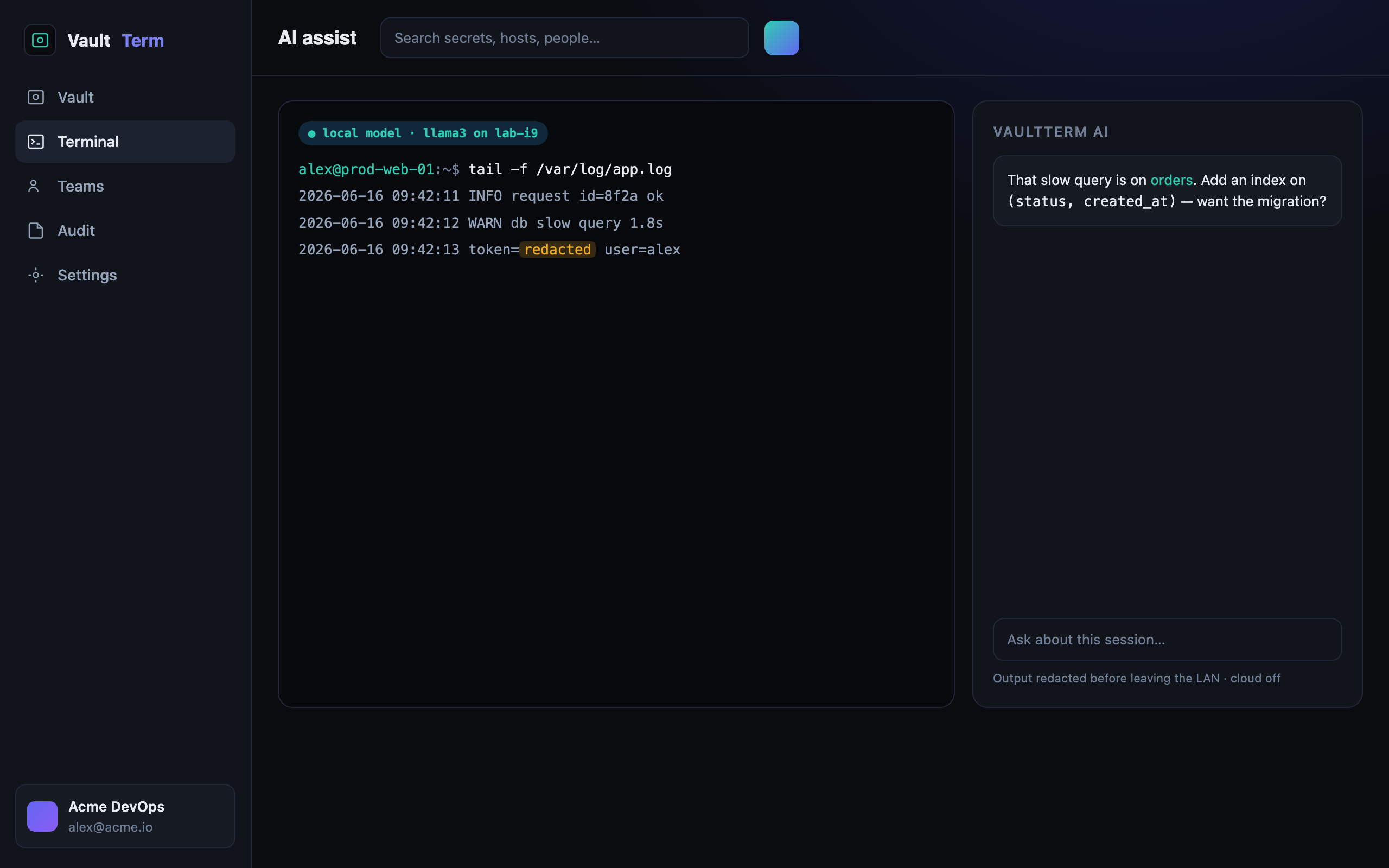 Privacy-first AI assist with redaction